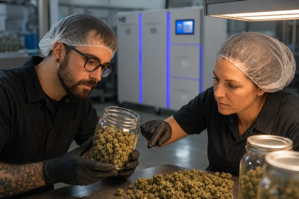 Cannabis production operators evaluating flower in a jar to accentuate native strain terpenes, with TheBOX® infusion equipment in the background