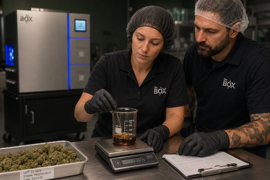 Cannabis production operators documenting dark golden distillate in a beaker on a calibrated scale beside a labeled flower batch tray, with TheBOX® infusion equipment in the background