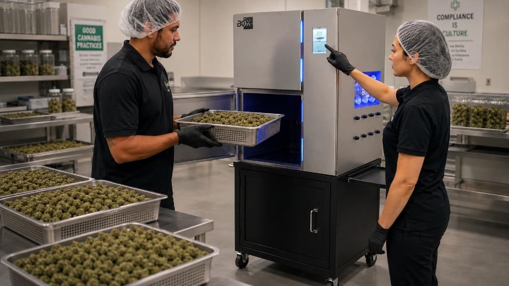 Two licensed cannabis processing operators loading a flower batch into TheBOX® infusion equipment and reviewing the control screen