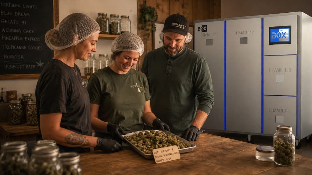 Three craft cannabis producers reviewing a finished Northern Lights flower batch on a wooden bench beside mason jars and a chalkboard strain list, with TheBOX® infusion equipment in a small-batch processing room