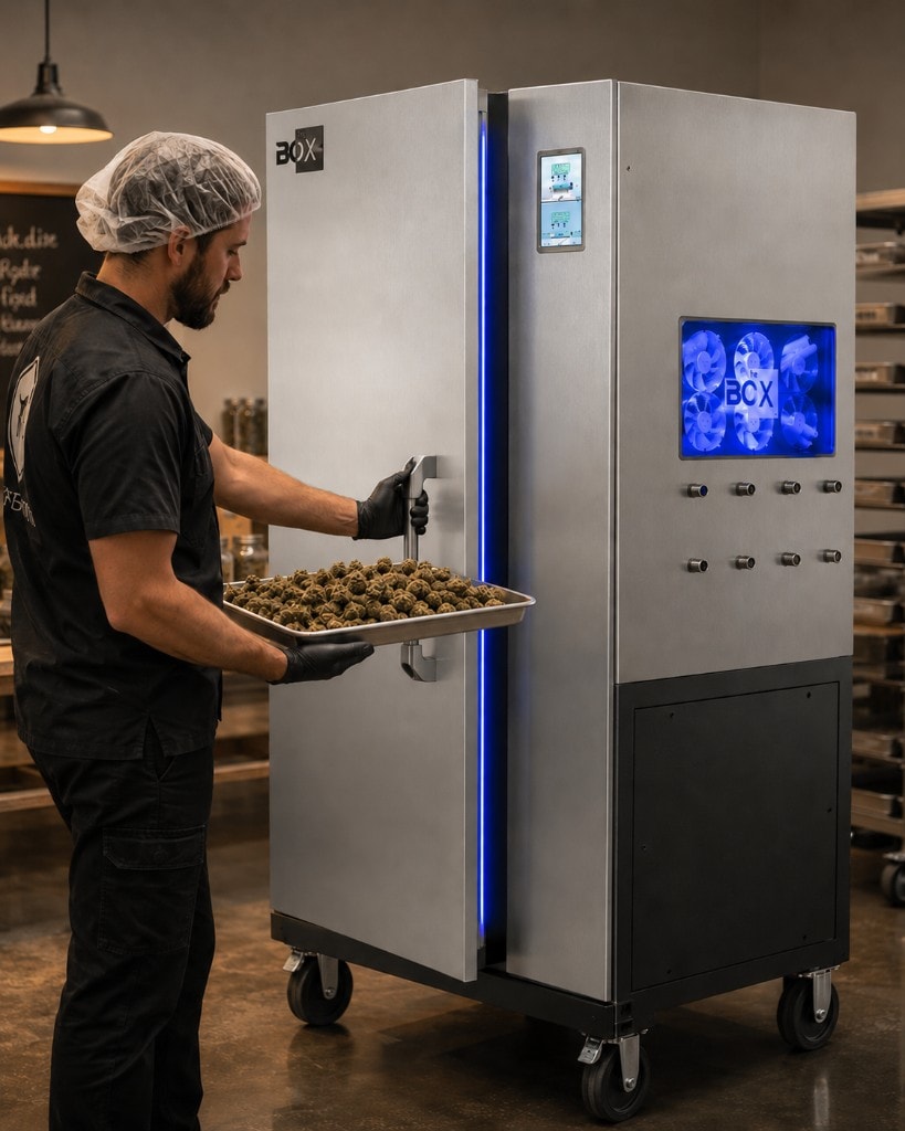 Licensed cannabis processing operator in black gloves loading a flower batch tray into TheBOX® vapor infusion equipment