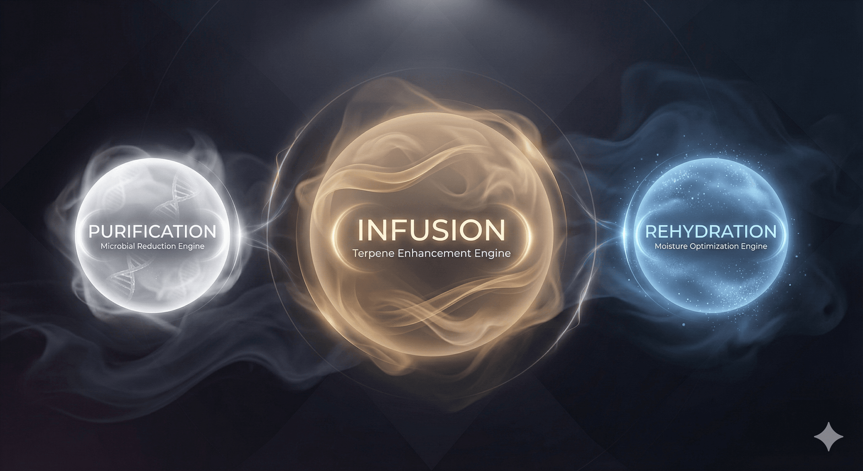 TheBOX® infusion process triad - Three interconnected spheres representing Purification (Microbial Reduction Engine), Infusion (Terpene Enhancement Engine), and Rehydration (Moisture Optimization Engine)