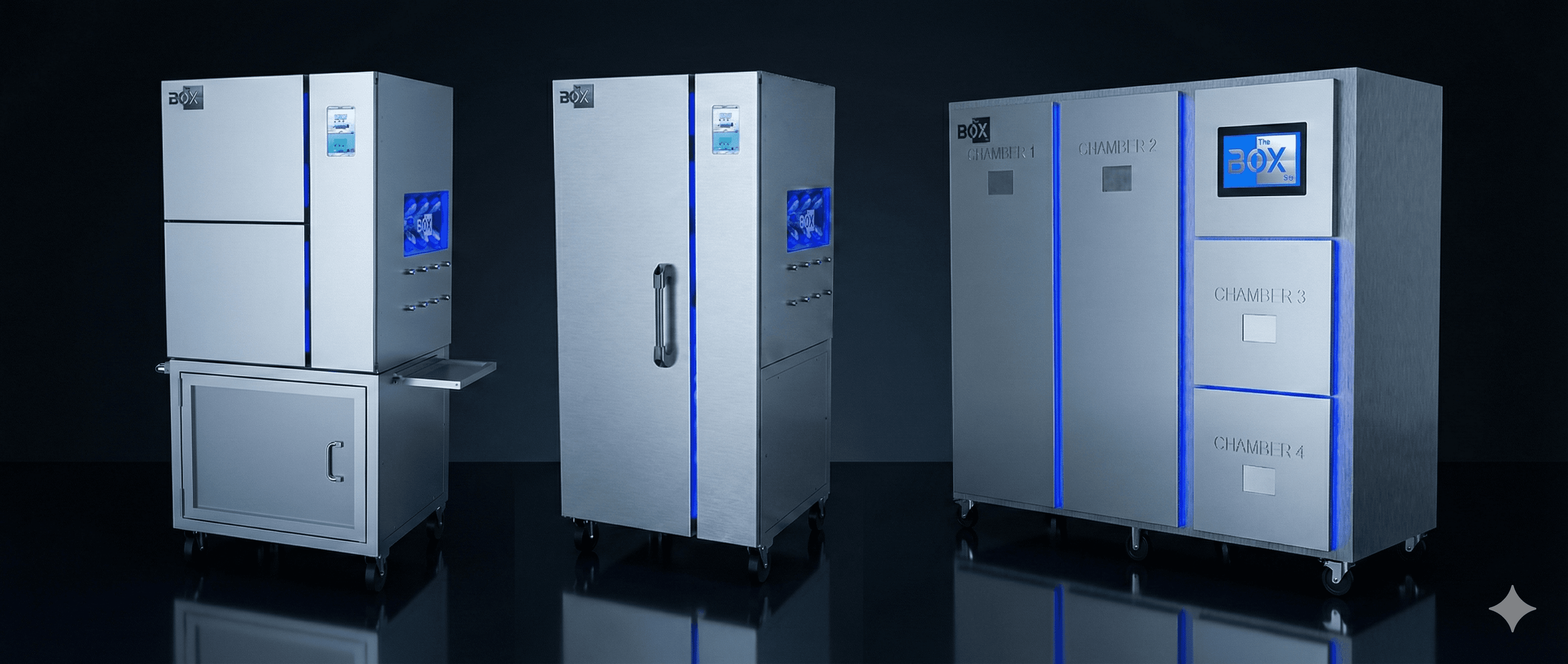 TheBOX® product lineup - three cannabis infusion systems showing different capacity options from craft to commercial scale with stainless steel chambers and blue LED lighting