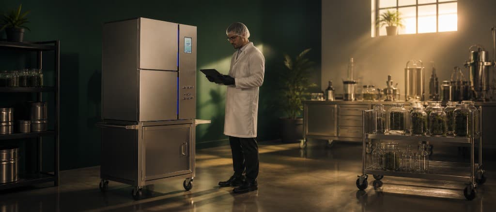 TheBOX® cannabis infusion facility with operator reviewing equipment