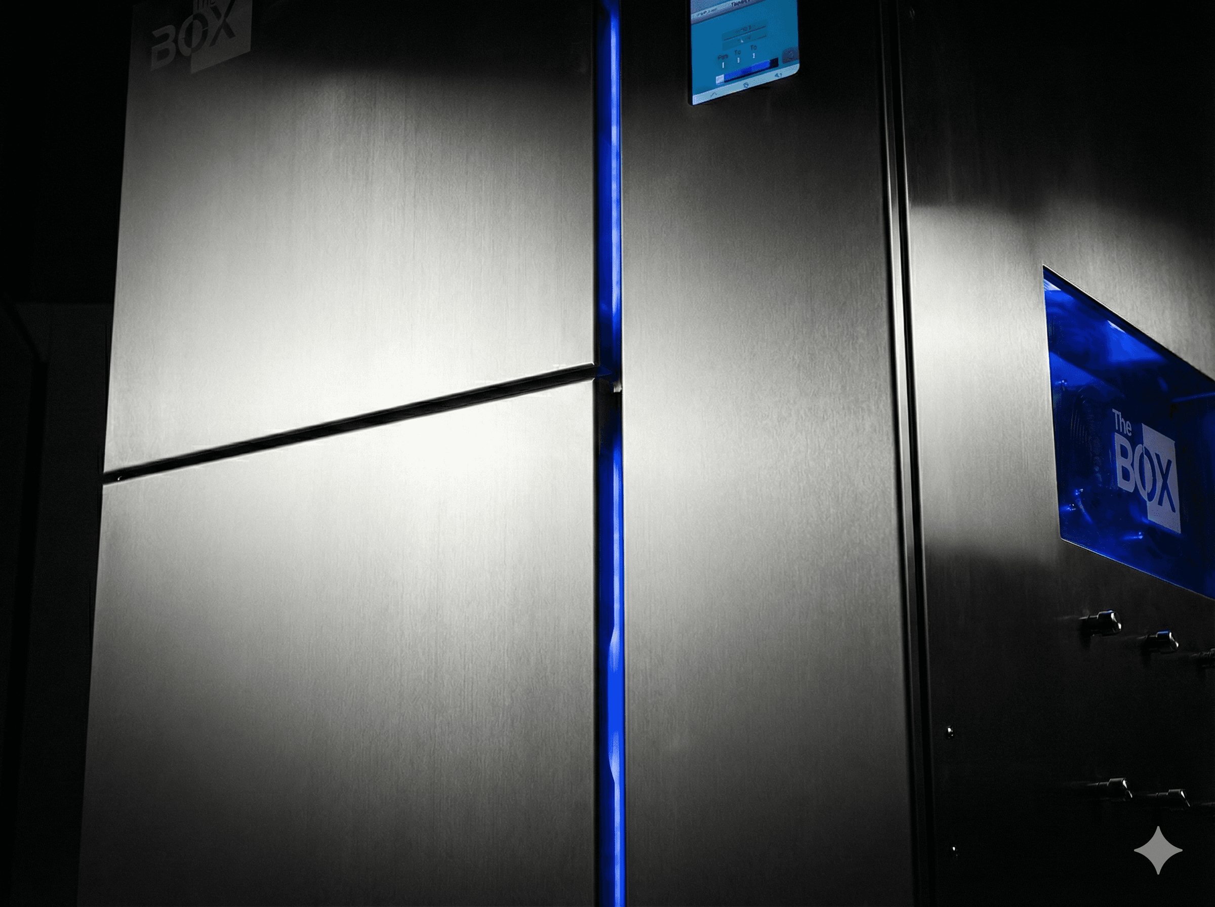 TheBOX® cannabis flower infusion system detail view - stainless steel vacuum chamber with precision control panel and blue LED lighting