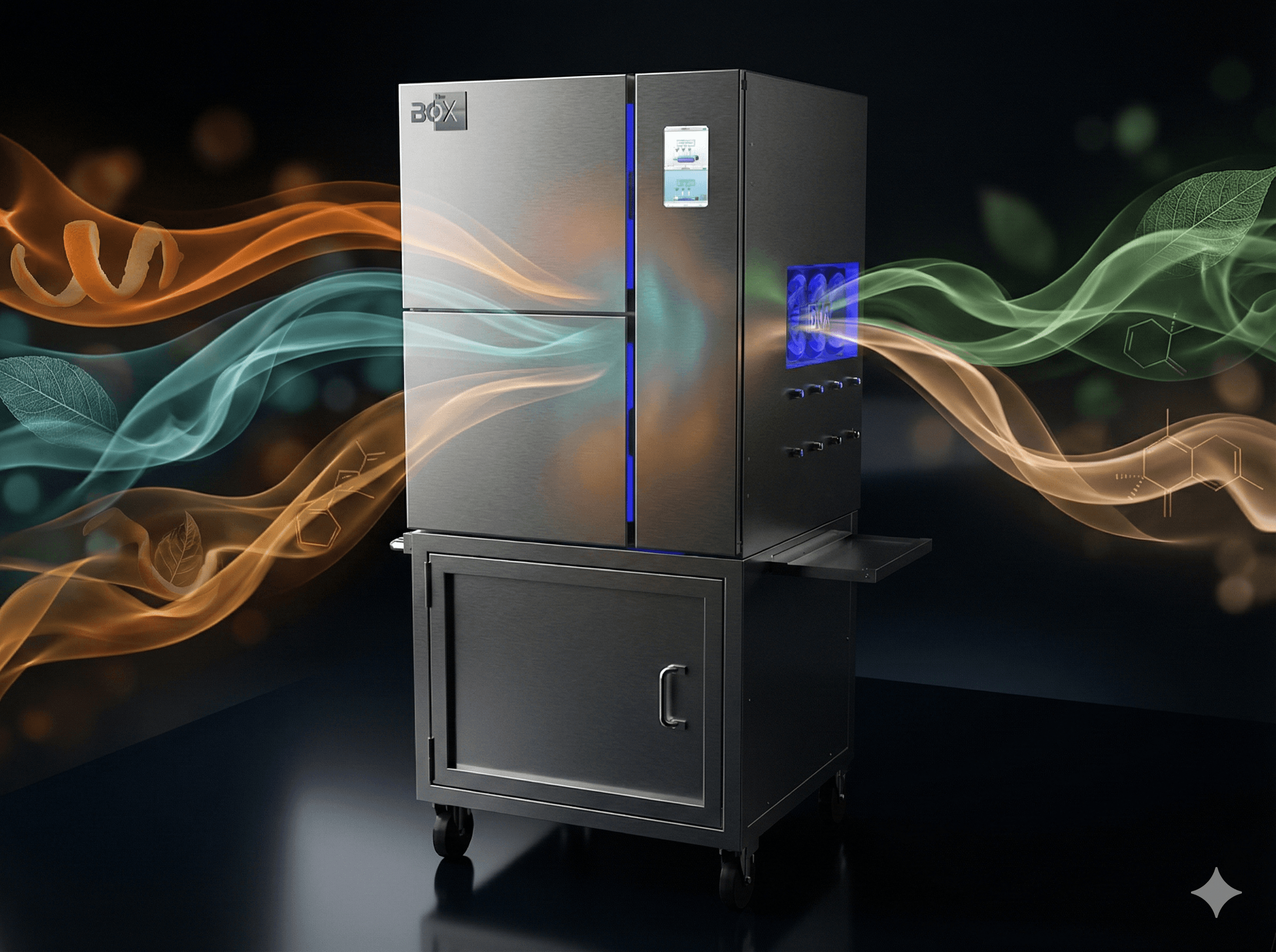 TheBOX® 2.0 cannabis flower infusion system - professional vacuum vapor infusion equipment featuring stainless steel chamber, digital control panel, and integrated base cabinet